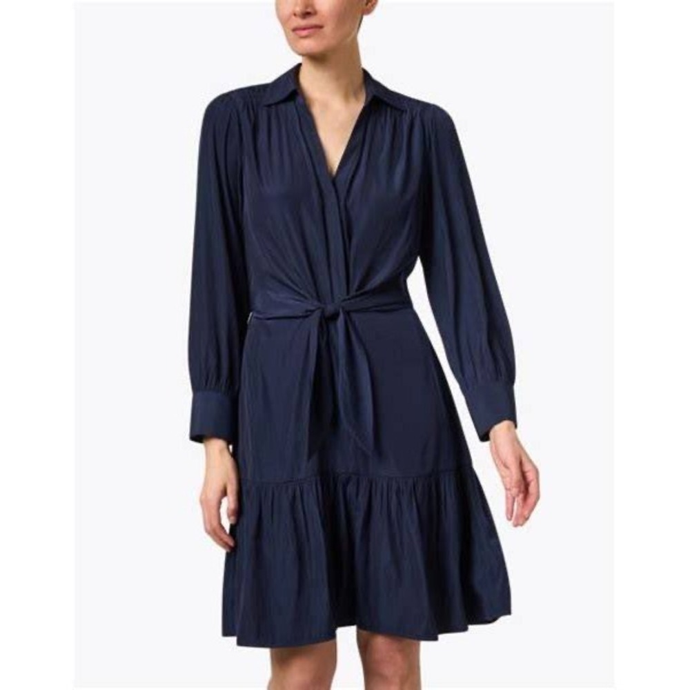 Brochu Walker Madsen Dress Tie Front Tiered Shirtdress XS Navy Blue Chic Classic